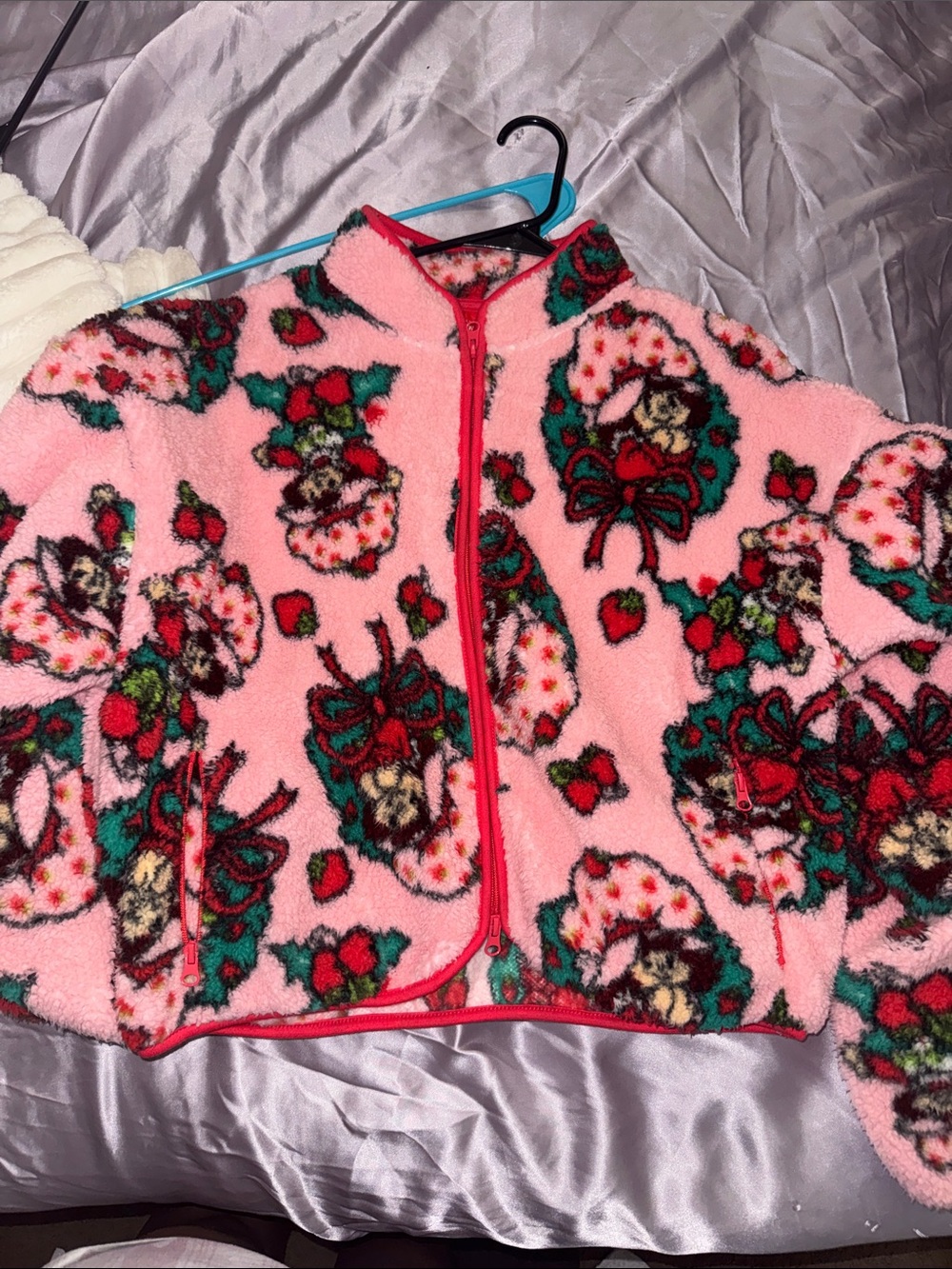 Women’s Pink Holiday Sherpa Jacket with Wreath Print